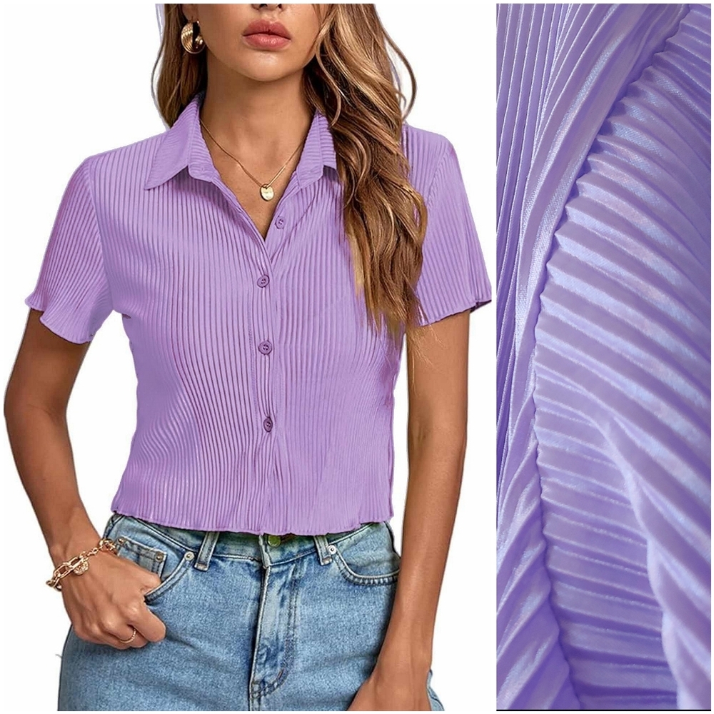 NWOT Lyaner Purple Silk Pleated Ribbed Button Down Short Sleeve Crop Top Shirt M